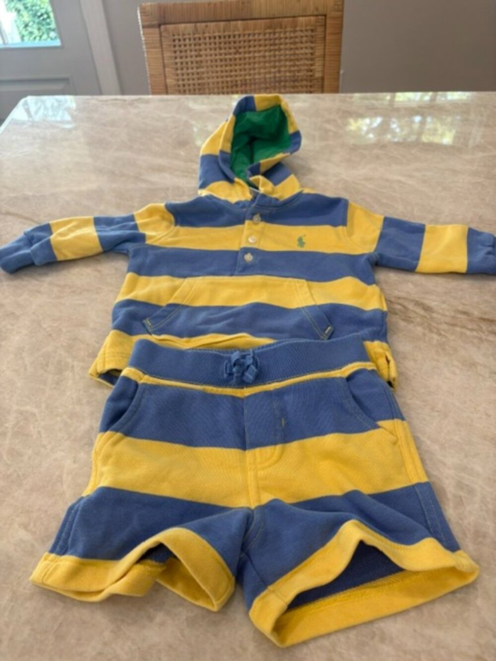 Ralph Lauren Blue and Yellow Striped Hoodie and Shorts, Size 9 Months